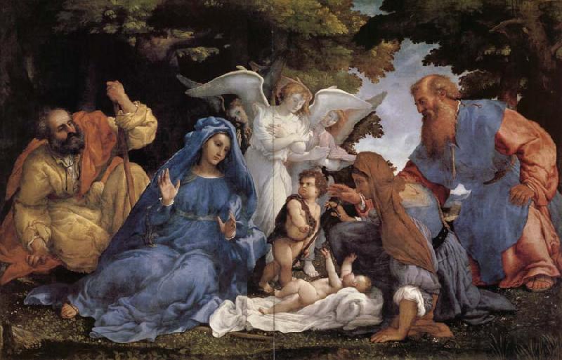  L'Adoration de l'Enfant Jesus avec la Vierge Marie et joseph,Elisabeth et Joachim et trois anges